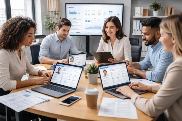Recruitment and staffing solution showing HR team evaluating candidate profiles for scalable teams